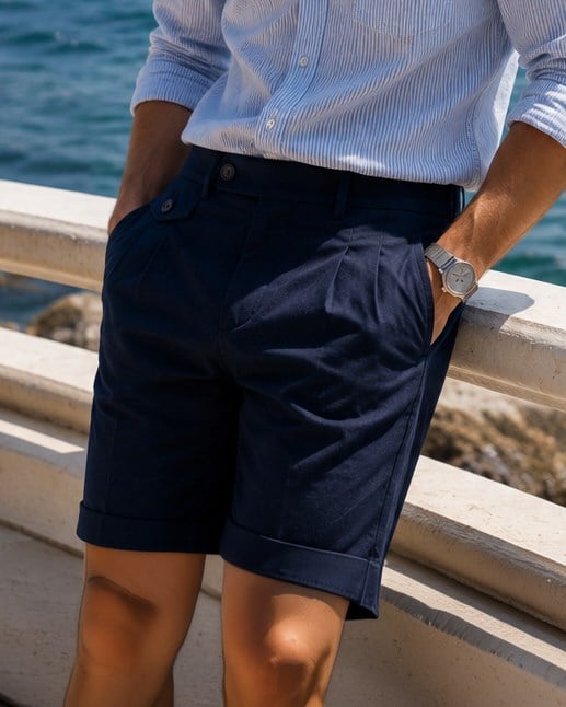 İtalyan stil slim fit erkek duble paça pileli şort lacivert T20093-02