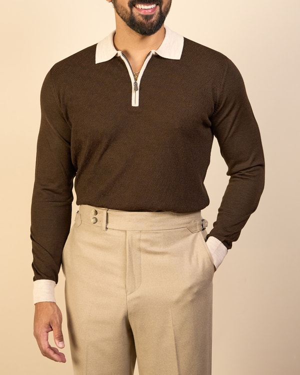 Slim fit polo yaka yünlü desenli triko erkek kazak kahverengi T20330-03