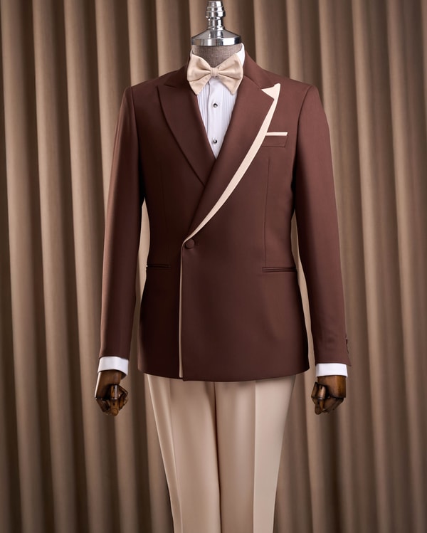 Slim fit erkek yaka detaylı ceket pantalon kombin takım elbise kahverengi T20148-03