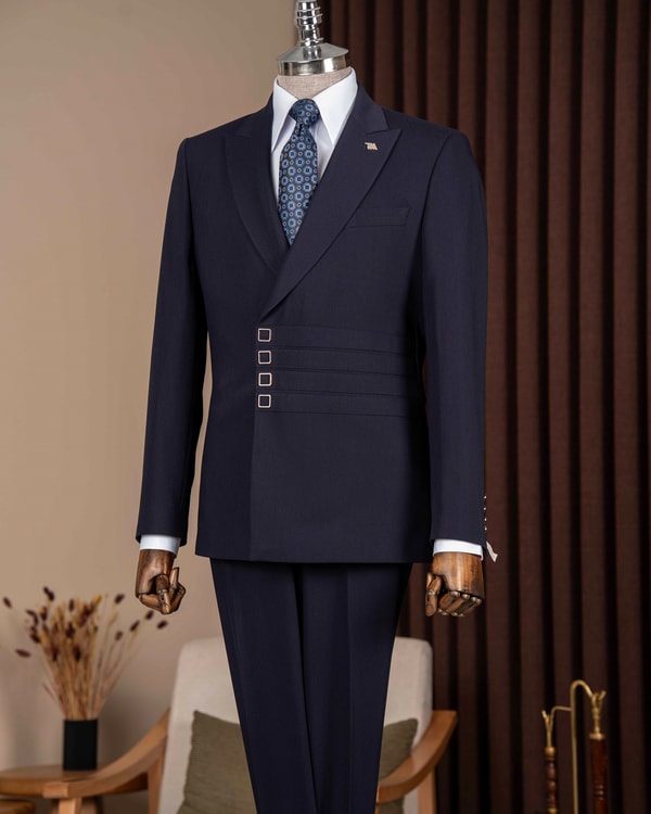 Slim fit erkek sivri yaka şerit detaylı ceket pantolon takım elbise lacivert T20146-02