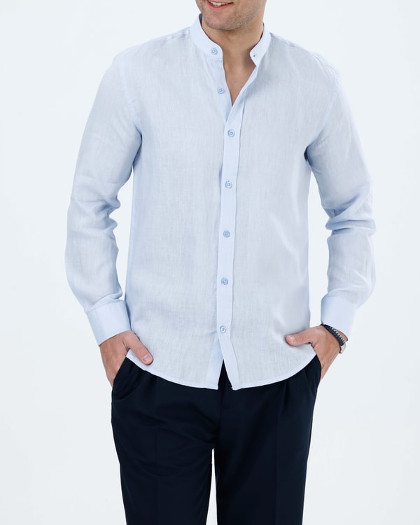 İtalyan stil slim fit erkek hakim yaka keten gömlek buzmavi T20055-14