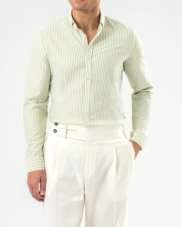 İtalyan stil slim fit çizgili erkek kravat yaka gömlek haki T14546