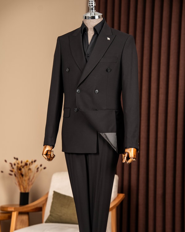 Slim fit erkek kruvaze sivri yaka ceket pantolon takım elbise siyah T20172-01