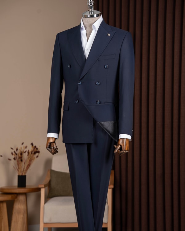 Slim fit erkek sivri yaka kruvaze ceket pantolon takım elbise lacivert T20139-02
