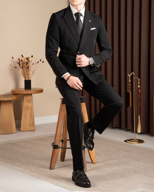 Slim fit erkek sivri yaka bel detaylı ceket pantolon takım elbise siyah T20147-01