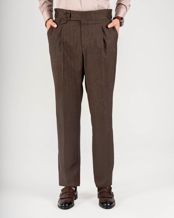 İtalyan stil slim fit bel detaylı erkek pantolon kahverengi T14916
