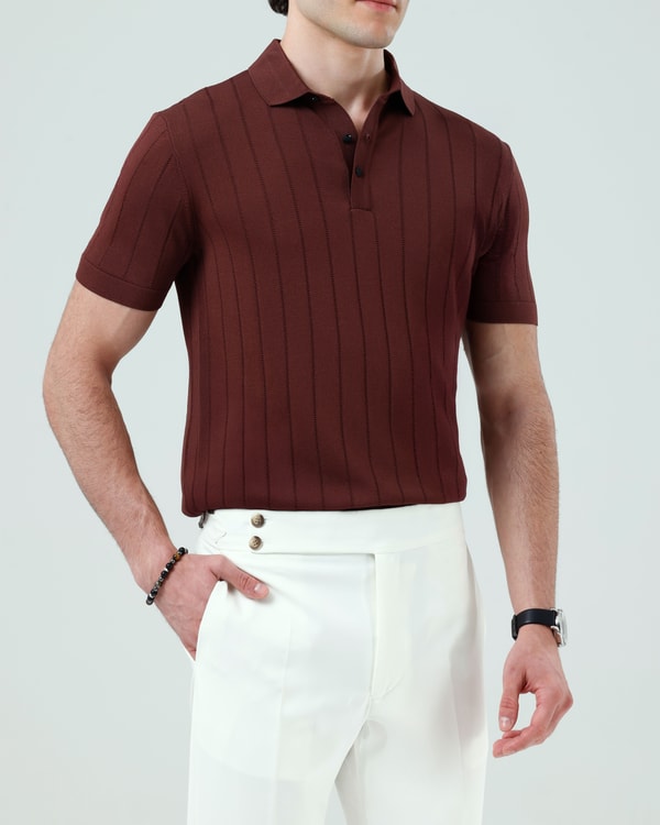 İtalyan stil slim fit polo yaka triko tişört taba T13777