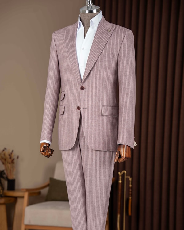 Slim fit erkek sivri yaka çizgili ceket pantolon takım elbise pembe T20114-20