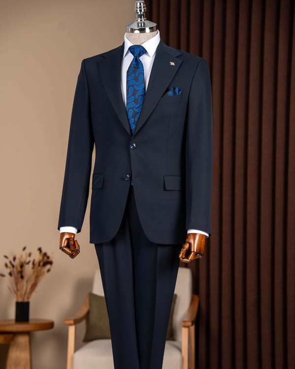 İtalyan stil slim fit erkek mono yaka ceket pantolon takım elbise lacivert T20064-02