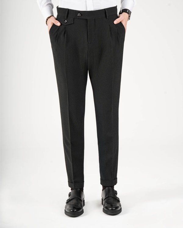 İtalyan stil slim fit erkek bel detaylı pantolon siyah T20036-01