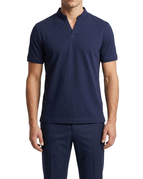 İtalyan stil slim fit erkek polo V yaka kısa kollu triko tişört lacivert T20045-02