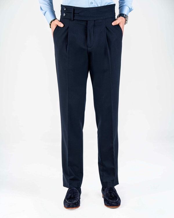 İtalyan stil slim fit erkek bel detaylı tokalı pantolon lacivert T20037-02