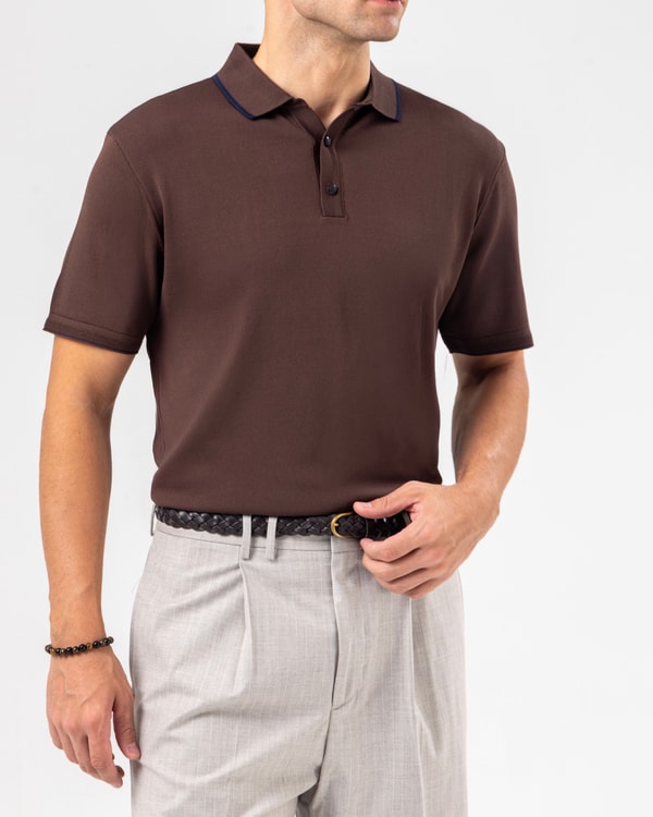 İtalyan stil slim fit erkek polo yaka kısa kollu triko tişört kahverengi T20032-03
