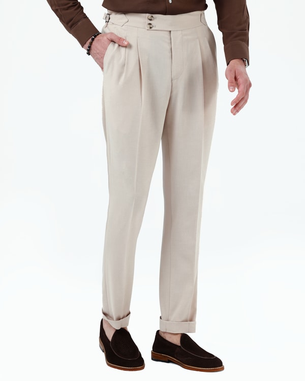 Slim fit erkek ayarlanabilir tokalı pileli keten karışım pantolon bej T20129-09