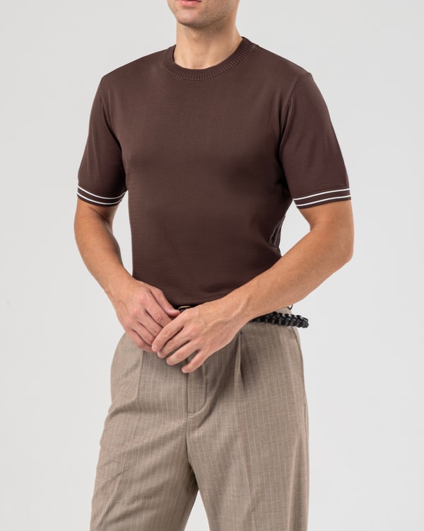İtalyan stil slim fit erkek bisiklet yaka kısa kollu triko tişört kahverengi T20031-03