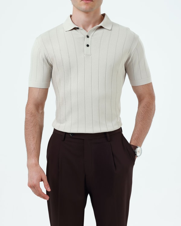 İtalyan stil slim fit polo yaka triko tişört bej T13774