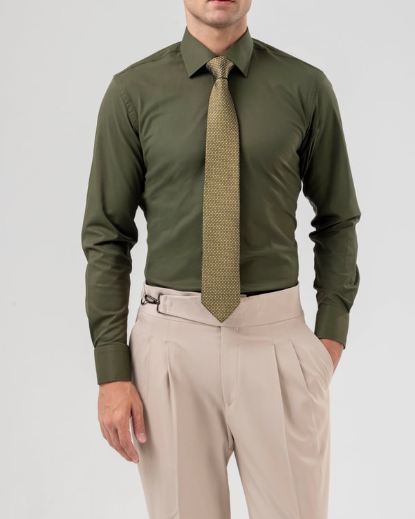 Slim fit max kravat yaka likralı erkek gömlek haki T20166-06