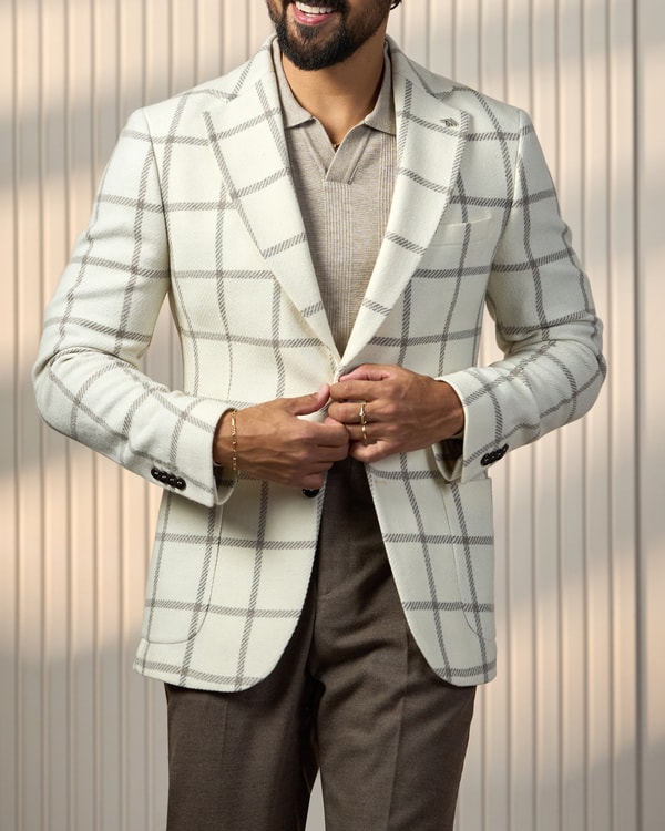 Slim fit mono yaka torba cep kareli kalın dokulu yün karışımlı ceket bej T20283-09