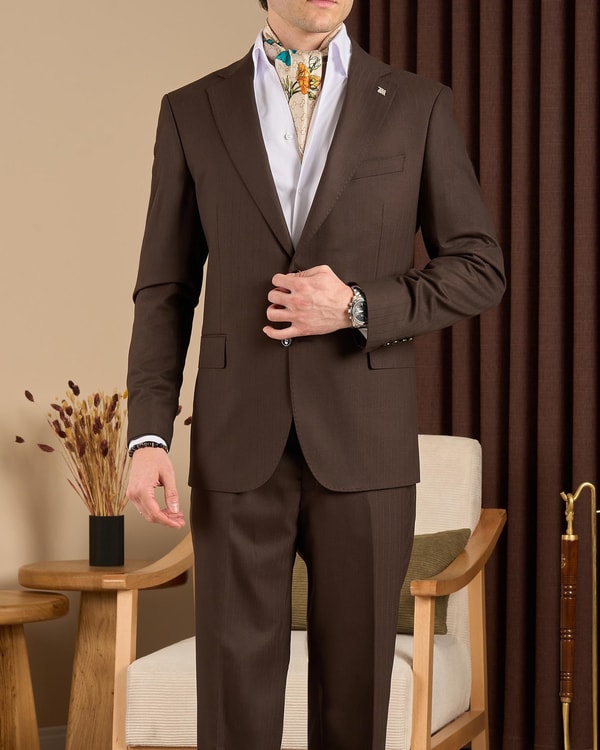 Regular fit erkek mono yaka ceket pantolon takım elbise kahverengi T20156-03