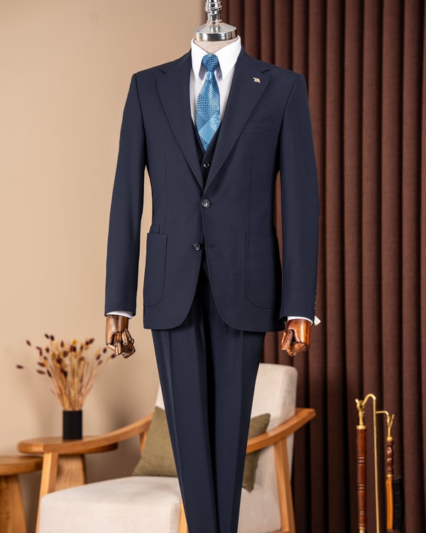 Slim fit erkek mono yaka torba cep ceket yelek pantolon takım elbise T20136-02