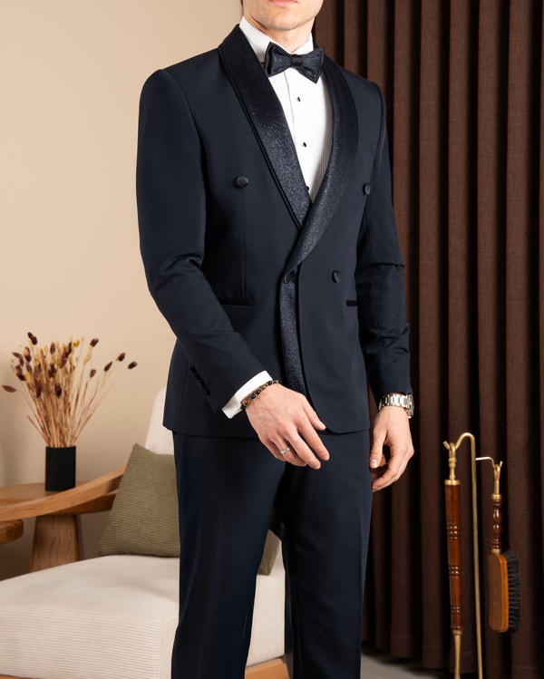Slim fit erkek şal yaka kruvaze ceket pantolon damatlık set lacivert T20074-02