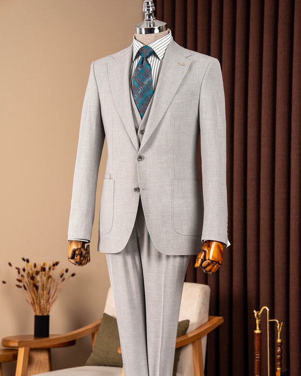 Slim fit erkek mono yaka torba cep ceket yelek pantolon takım elbise gri T20136-04