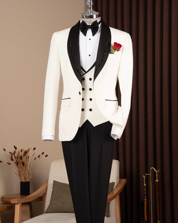 Slim fit erkek şal yaka taşlı ceket yelek pantolon damatlık set beyaz T20080-07
