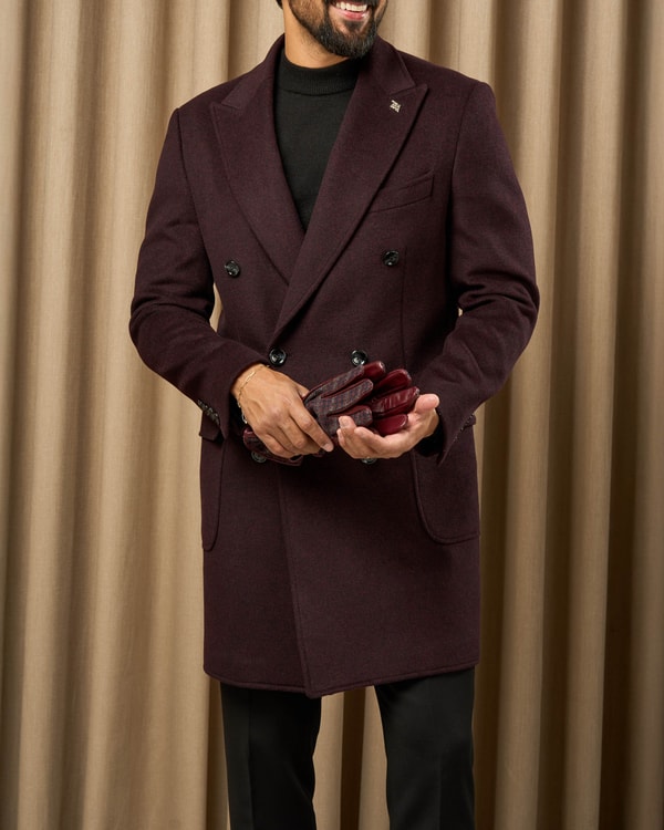 Slim fit kruvaze sivri yaka kapaklı torba cep erkek kaşe kaban bordo T20209-10