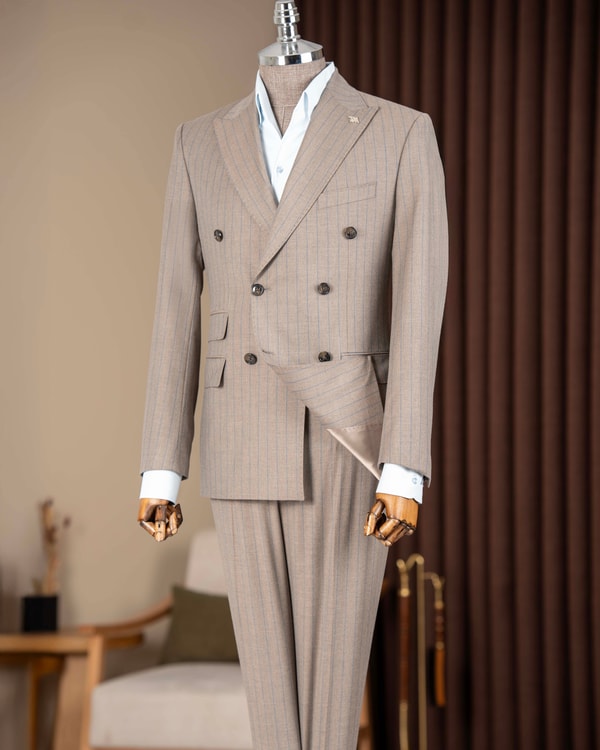 Slim fit erkek sivri yaka çizgili kruvaze ceket pantolon takım elbise vizon T20142-26