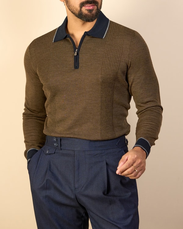 Slim fit polo yaka yarım fermuarlı yünlü triko erkek kazak kahverengi T20334-03