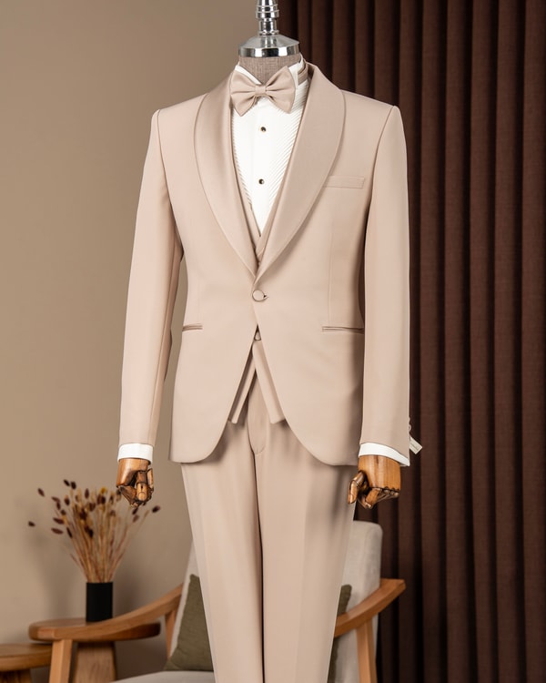Slim fit erkek şal yaka ceket yelek pantolon damatlık set bej T20073-09