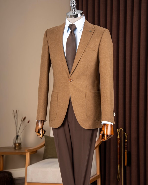 İtalyan stil slim fit mono yaka torba cep erkek ceket kahverengi T10347