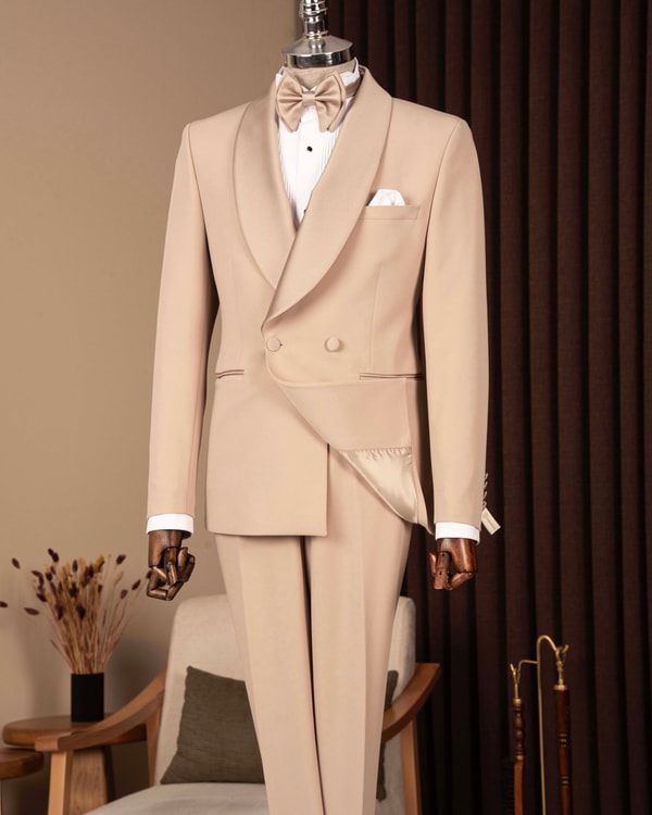 Slim fit erkek kruvaze şal yaka ceket pantolon damatlık set bej T20071-09