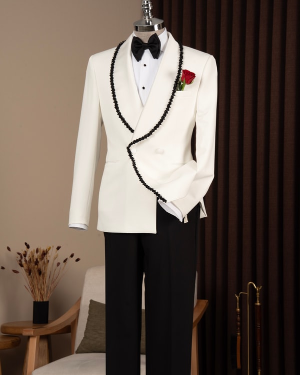 Slim fit erkek kruvaze şal yaka taşlı ceket pantolon damatlık set beyaz T20081-07