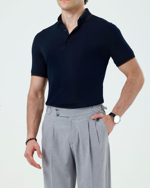 İtalyan stil slim fit erkek polo yaka kısa kollu triko tişört lacivert T20041-02