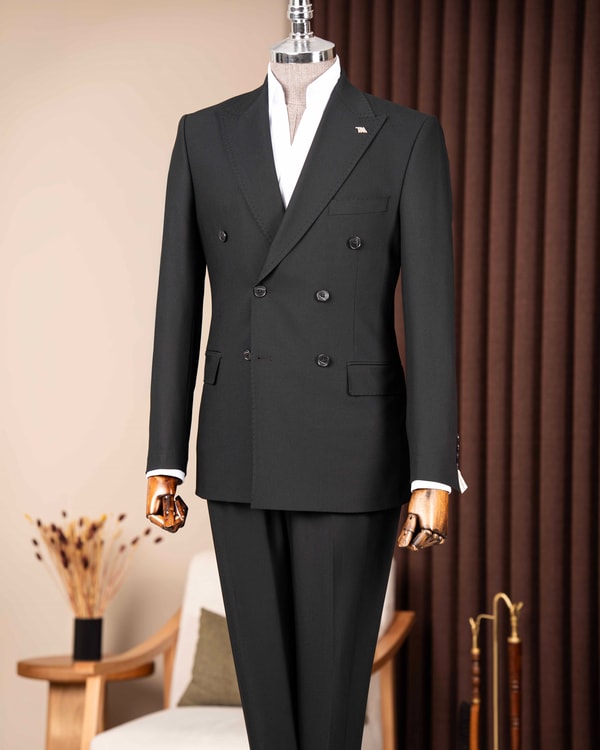 Slim fit erkek sivri yaka kruvaze ceket pantolon takım elbise siyah T20139-01