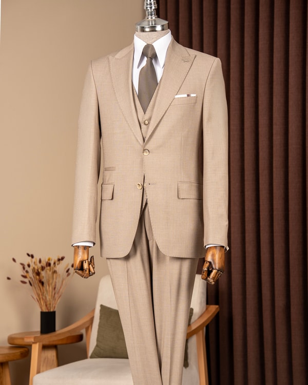 Slim fit erkek sivri yaka çizgili ceket yelek pantalon takım elbise camel T20116-11