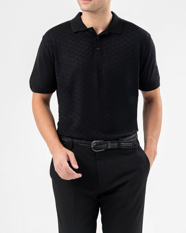 İtalyan stil slim fit polo yaka fermuarlı triko tişört siyah T14422