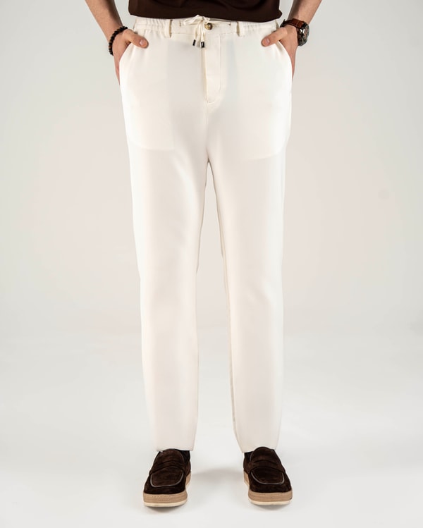 İtalyan stil slim fit çizgili erkek beli bağcıklı pantalon ekru T14558