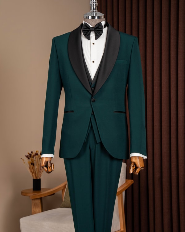 Slim fit erkek şal yaka ceket yelek pantolon damatlık set yeşil T20073-28