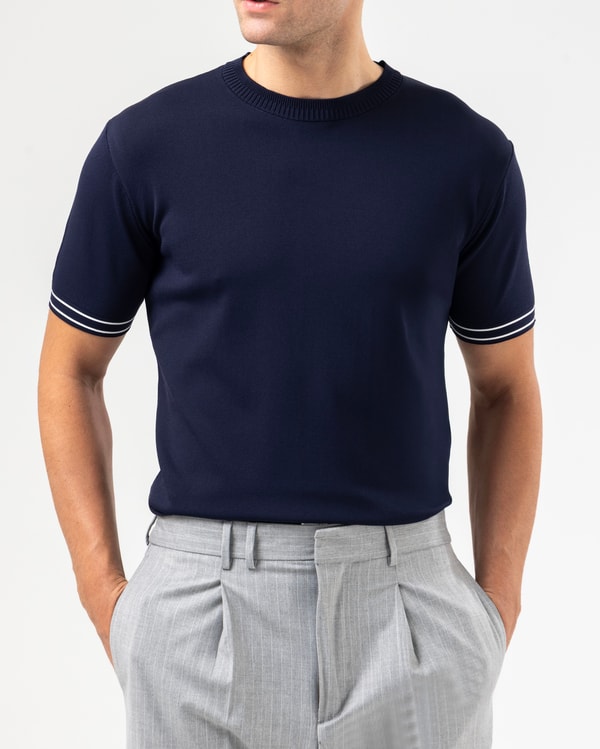 İtalyan stil slim fit erkek bisiklet yaka kısa kollu triko tişört lacivert T20031-02
