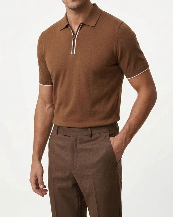 İtalyan stil slim fit polo yaka triko tişört kiremit T14451