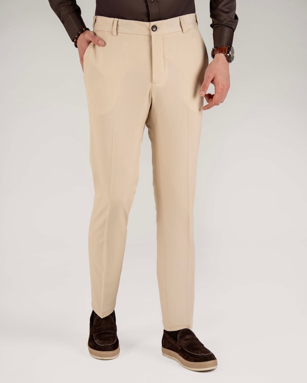 İtalyan stil slim fit bel detaylı erkek pantolon bej T20008-09