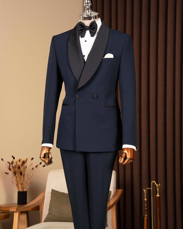 Slim fit erkek kruvaze şal yaka ceket pantolon damatlık set lacivert T20071-02