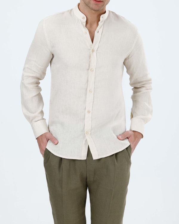 İtalyan stil slim fit erkek hakim yaka keten gömlek bej T20055-09