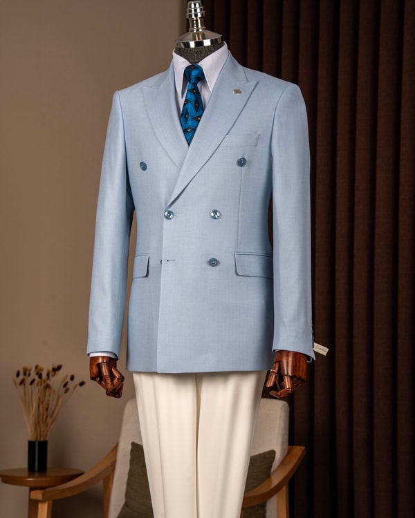 Slim fit erkek sivri yaka balıksırtı desenli kruvaze ceket mavi T20143-19
