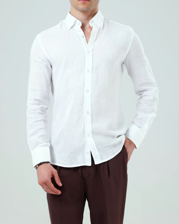 İtalyan stil slim fit erkek dik yaka keten gömlek beyaz T20057-07
