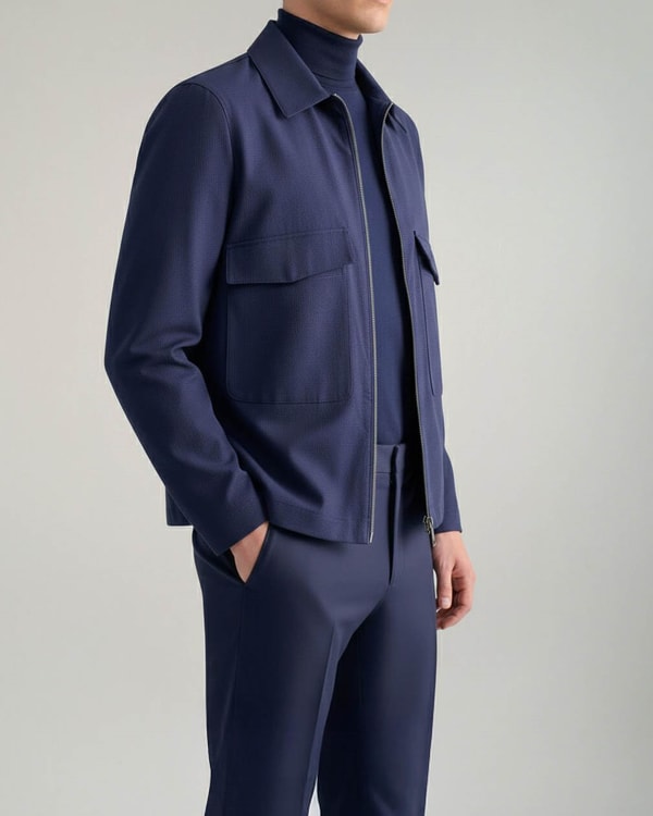 Italyan stil slim fit cep detaylı mevsimlik gofre kumaş mont lacivert T11896
