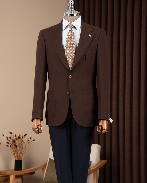 Slim fit erkek mono yaka torba cep spor ceket kahverengi T20144-03