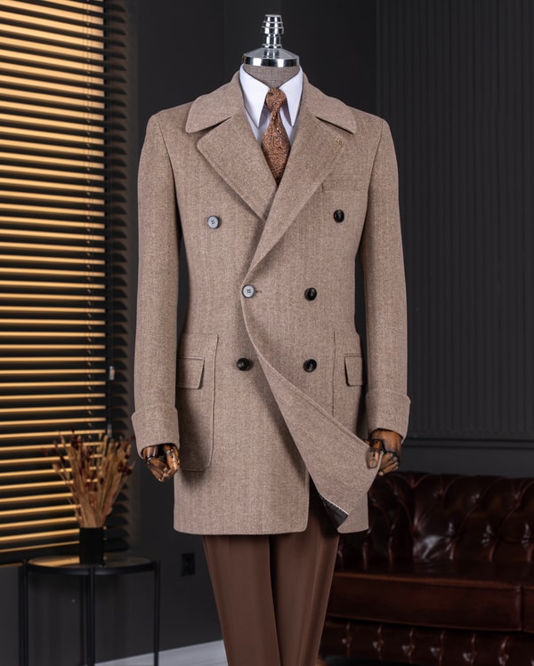 Slim fit kruvaze torba üstü kapaklı cep arka kemerli kaşe kaban bej T20210-09